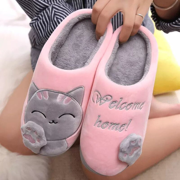 Women Winter Home Slippers Unisex Cartoon Cat Shoes Non-slip Soft Winter Warm House Slippers Indoor Bedroom Couples Floor Shoes - Luxeelegance