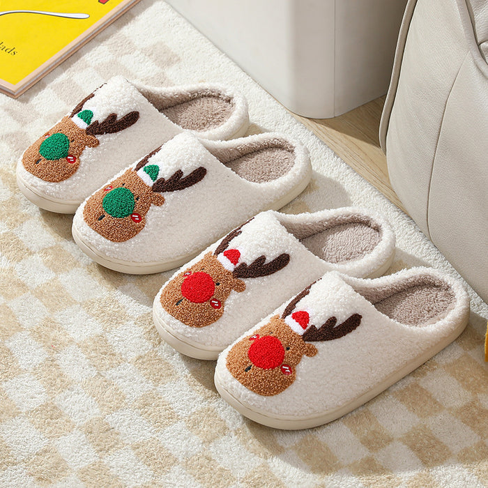 Christmas Elk Cotton Slippers for Women Autumn and Winter Home Couples Warmth Home Fur Slippers - Luxeelegance