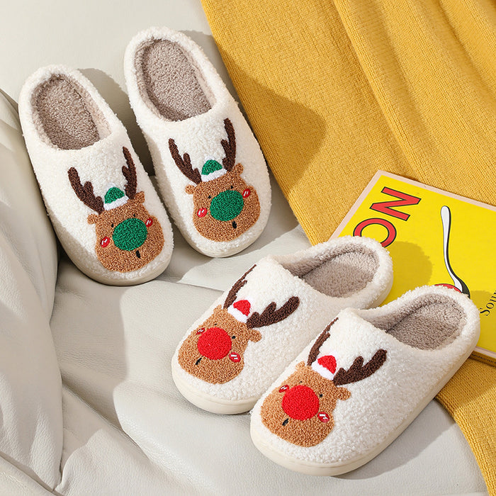 Christmas Elk Cotton Slippers for Women Autumn and Winter Home Couples Warmth Home Fur Slippers - Luxeelegance