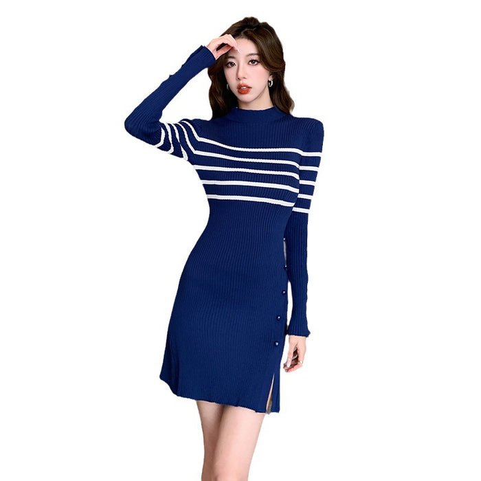 Women Fashion Striped Knitting Button Decor Mini Short Dress Casual Streetwear Knitwear Lady Retro Dresses Clothings - Luxeelegance