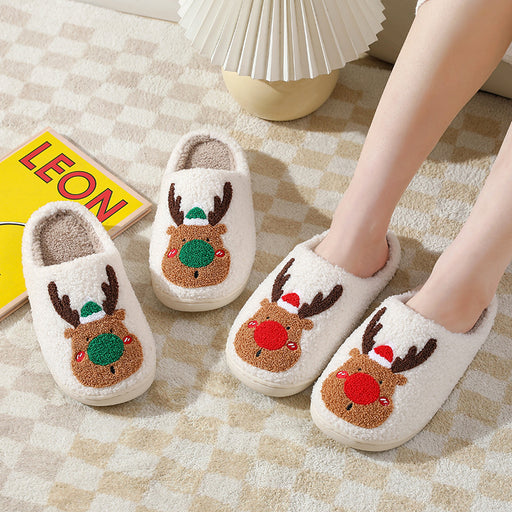 Christmas Elk Cotton Slippers for Women Autumn and Winter Home Couples Warmth Home Fur Slippers - Luxeelegance