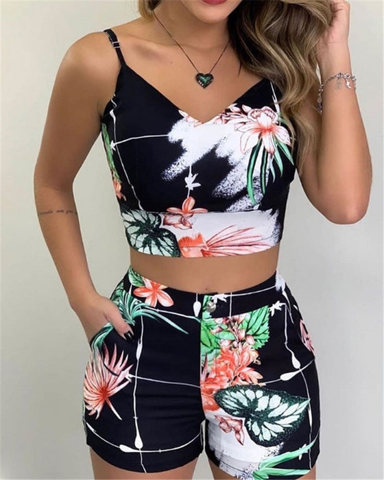 Summer Women Fashion 2-piece Outfit Set Sleeveless Print Top and Shorts Set for Ladies Women Party wear - Luxeelegance