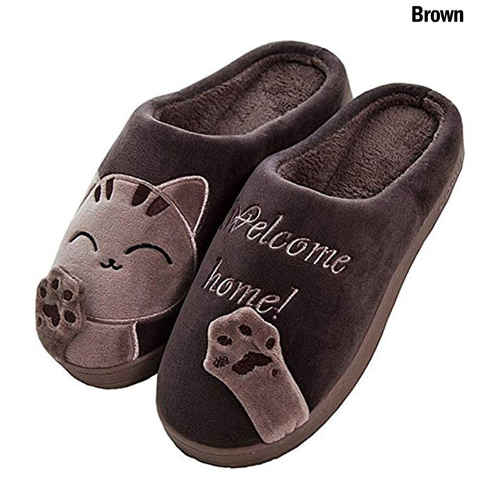 Women Winter Home Slippers Unisex Cartoon Cat Shoes Non-slip Soft Winter Warm House Slippers Indoor Bedroom Couples Floor Shoes - Luxeelegance