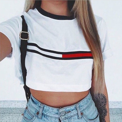 short crop top for women fashion o neck sexy female t shirt short sleeve printed party women t shirt top - Luxeelegance