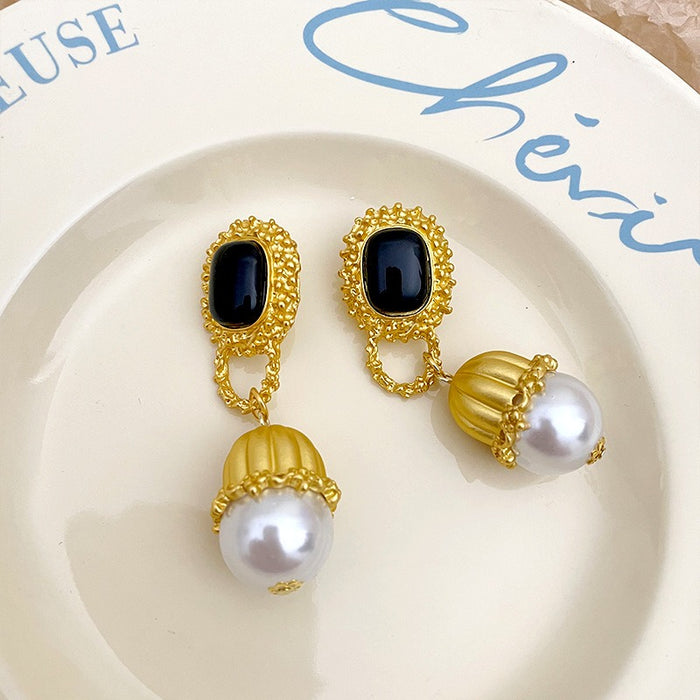 French RetroLong Pearl Drop Earrings Gold Color Matel for Women