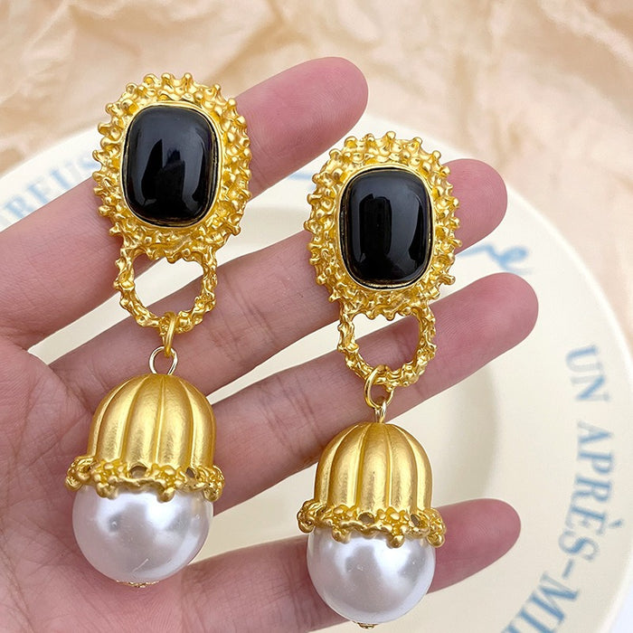 French RetroLong Pearl Drop Earrings Gold Color Matel for Women