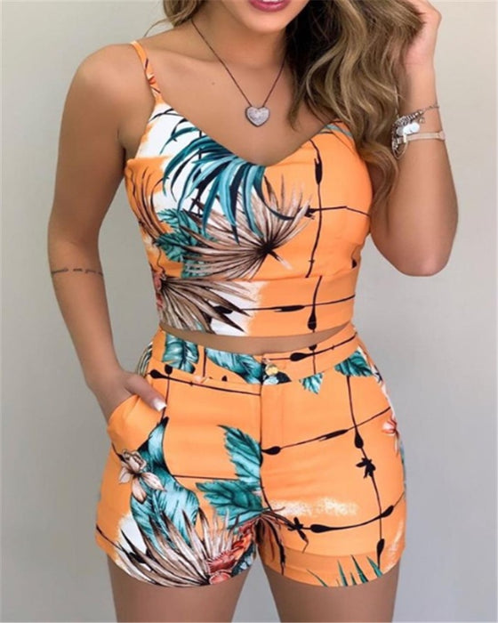 Summer Women Fashion 2-piece Outfit Set Sleeveless Print Top and Shorts Set for Ladies Women Party wear - Luxeelegance