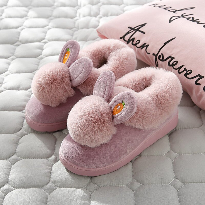 Winter Cotton Slippers Indoor Thick Bottom  Autumn Winter Warm Shoes Cute Lovely Rabbit Ear Plus Plush Slippers Shoes Women - Luxeelegance