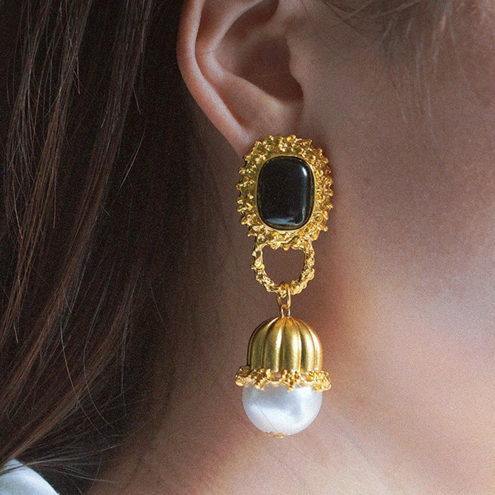 French RetroLong Pearl Drop Earrings Gold Color Matel for Women