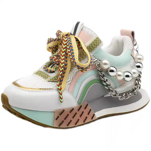 Womens Genuine Leather Sneakers Lace Up Rainbow Colors Platform Pearls Chain Decor Girls Shoes - Luxeelegance