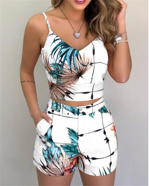 Summer Women Fashion 2-piece Outfit Set Sleeveless Print Top and Shorts Set for Ladies Women Party wear - Luxeelegance