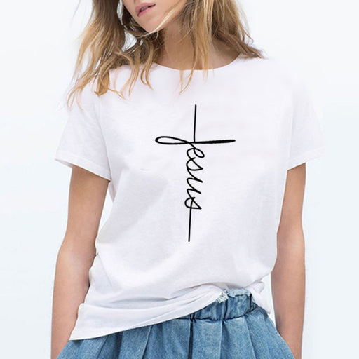 The Cross Printed T-shirt Women Short Sleeve Fashion Cotton Casual Summer Tops Jesus Clothes Plus Size - Luxeelegance